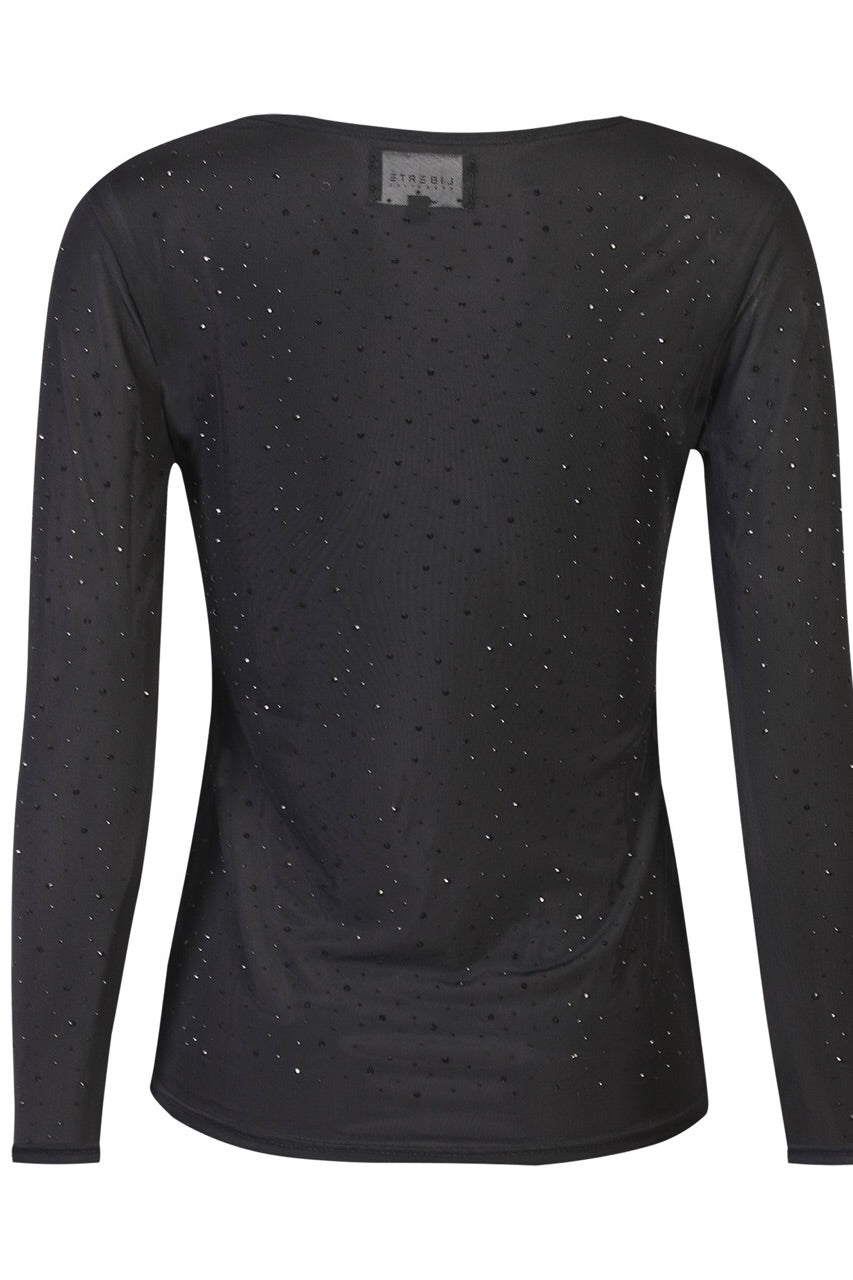 Černé Mřížkované LS Sparkle tričko s diamantovými puntíky | Blůza od Liberté