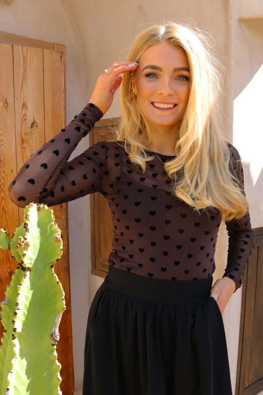 Mesh Long Sleeve T-Shirt | Dark Brown with Black Velvet Heart | Liberté Blouse