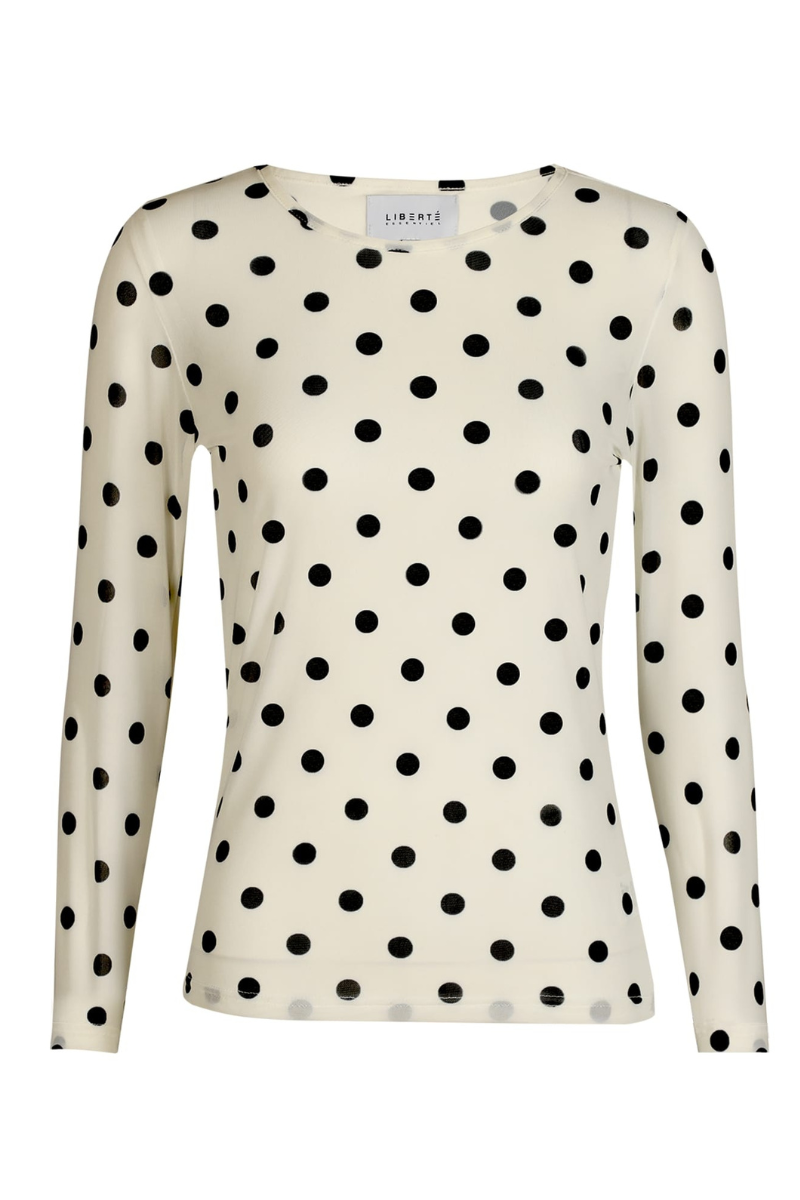 Mesh Long Sleeve Top | White with Black Polka Dots | Blouse by Liberté