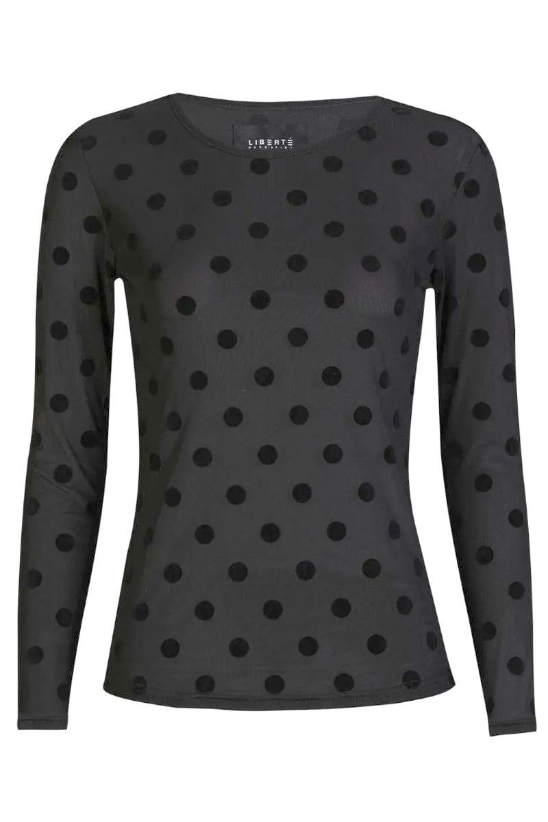 Mesh Long Sleeve Top | Black with Large Flock Dots | Blouse by Liberté
