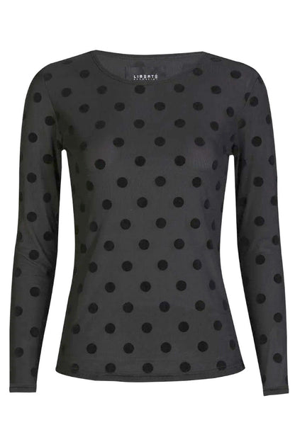Mesh Long Sleeve Top | Black with Large Flock Dots | Blouse by Liberté