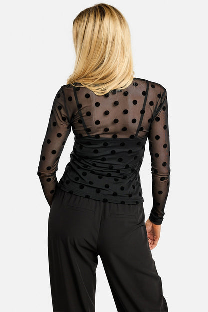 Mesh Long Sleeve Top | Black with Large Flock Dots | Blouse by Liberté