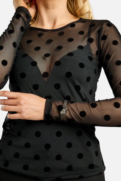 Mesh Long Sleeve Top | Black with Large Flock Dots | Blouse by Liberté