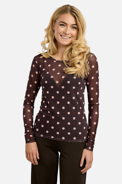 Liberté Plum Rose Big Dot Mesh Long Sleeve Top