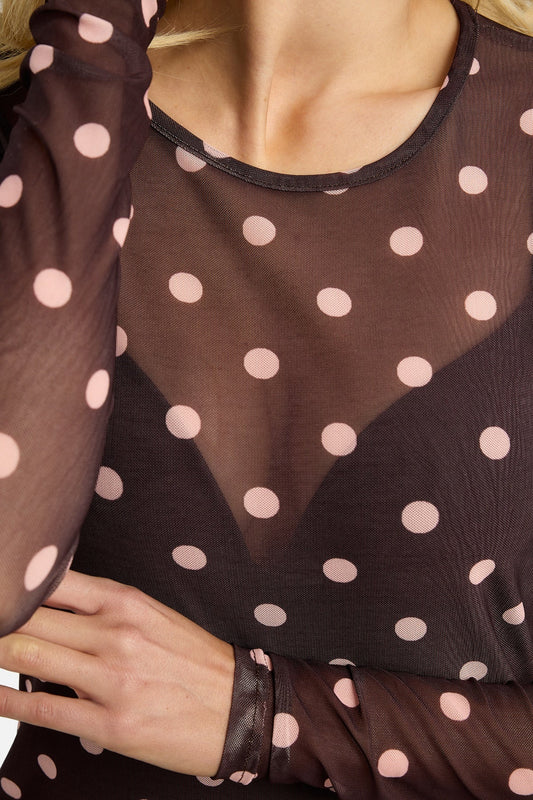 Liberté Plum Rose Big Dot Mesh Long Sleeve Top