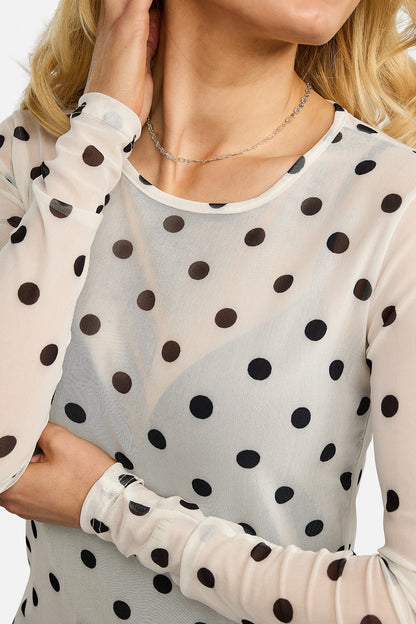 Mesh Long Sleeve Top | White with Black Polka Dots | Blouse by Liberté