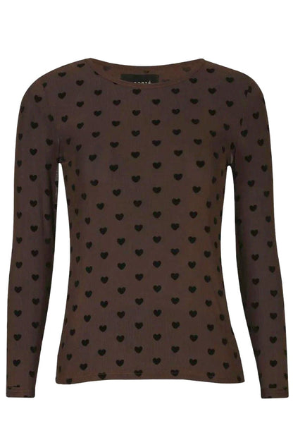 Mesh Long Sleeve T-Shirt | Dark Brown with Black Velvet Heart | Liberté Blouse
