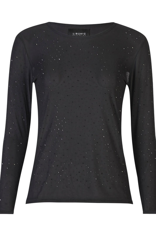 Černé Mřížkované LS Sparkle tričko s diamantovými puntíky | Blůza od Liberté