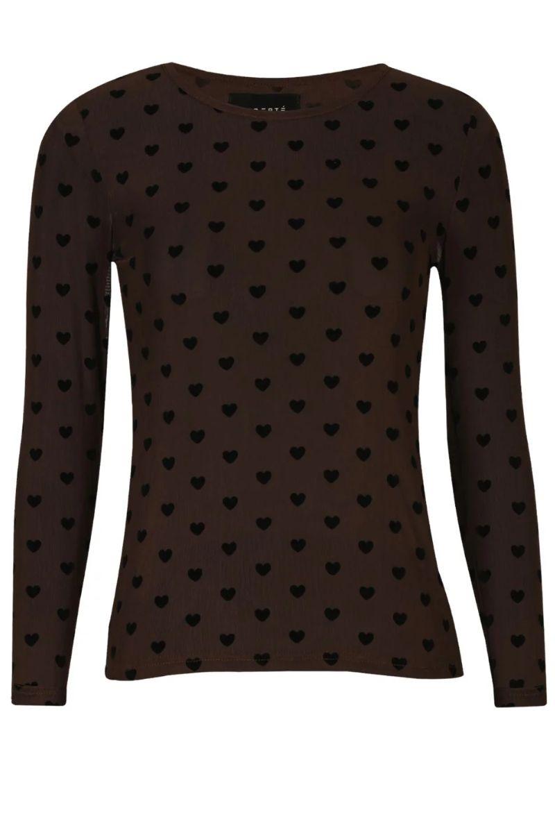 Mesh Long Sleeve T-Shirt | Dark Brown with Black Velvet Heart | Liberté Blouse
