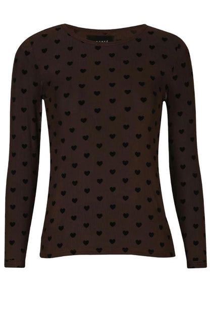 Mesh Long Sleeve T-Shirt | Dark Brown with Black Velvet Heart | Liberté Blouse
