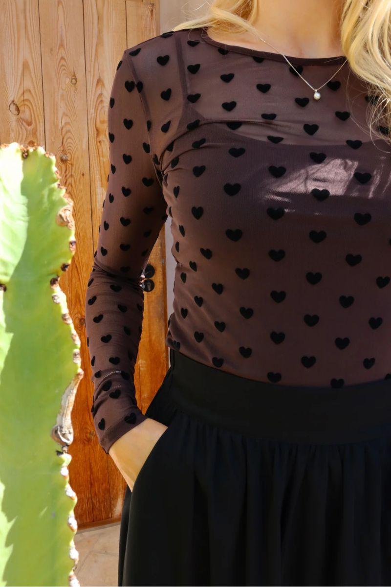 Mesh Long Sleeve T-Shirt | Dark Brown with Black Velvet Heart | Liberté Blouse