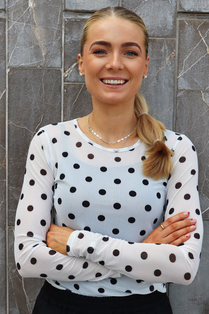 Mesh Long Sleeve Top | White with Black Polka Dots | Blouse by Liberté
