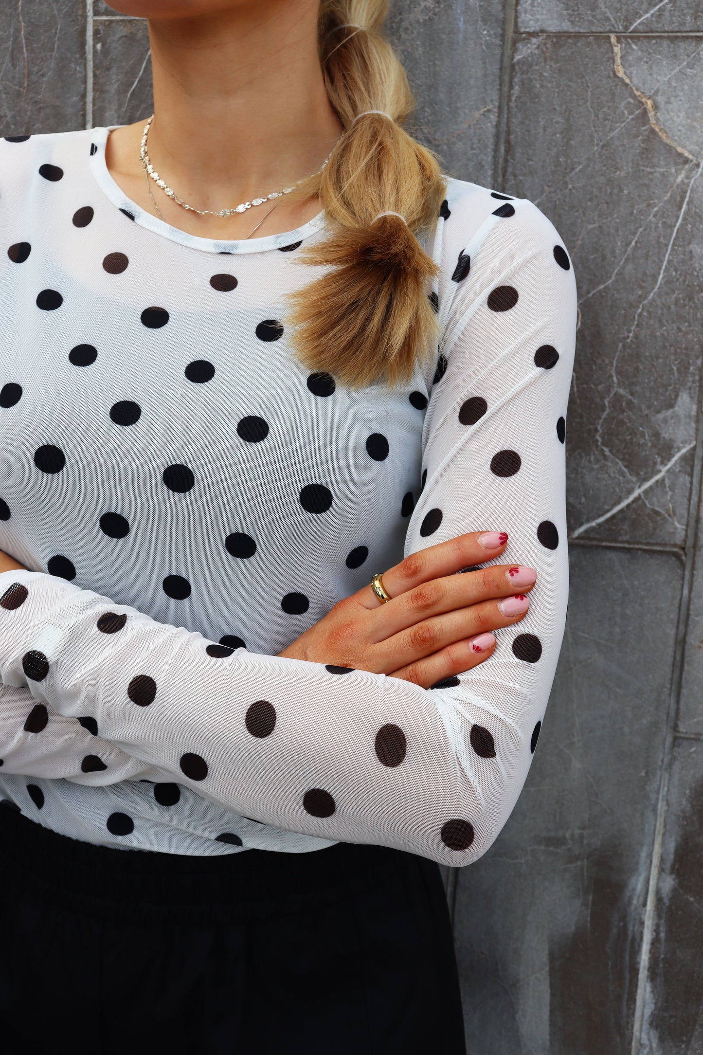 Mesh Long Sleeve Top | White with Black Polka Dots | Blouse by Liberté