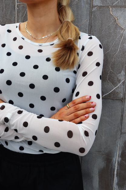 Mesh Long Sleeve Top | White with Black Polka Dots | Blouse by Liberté
