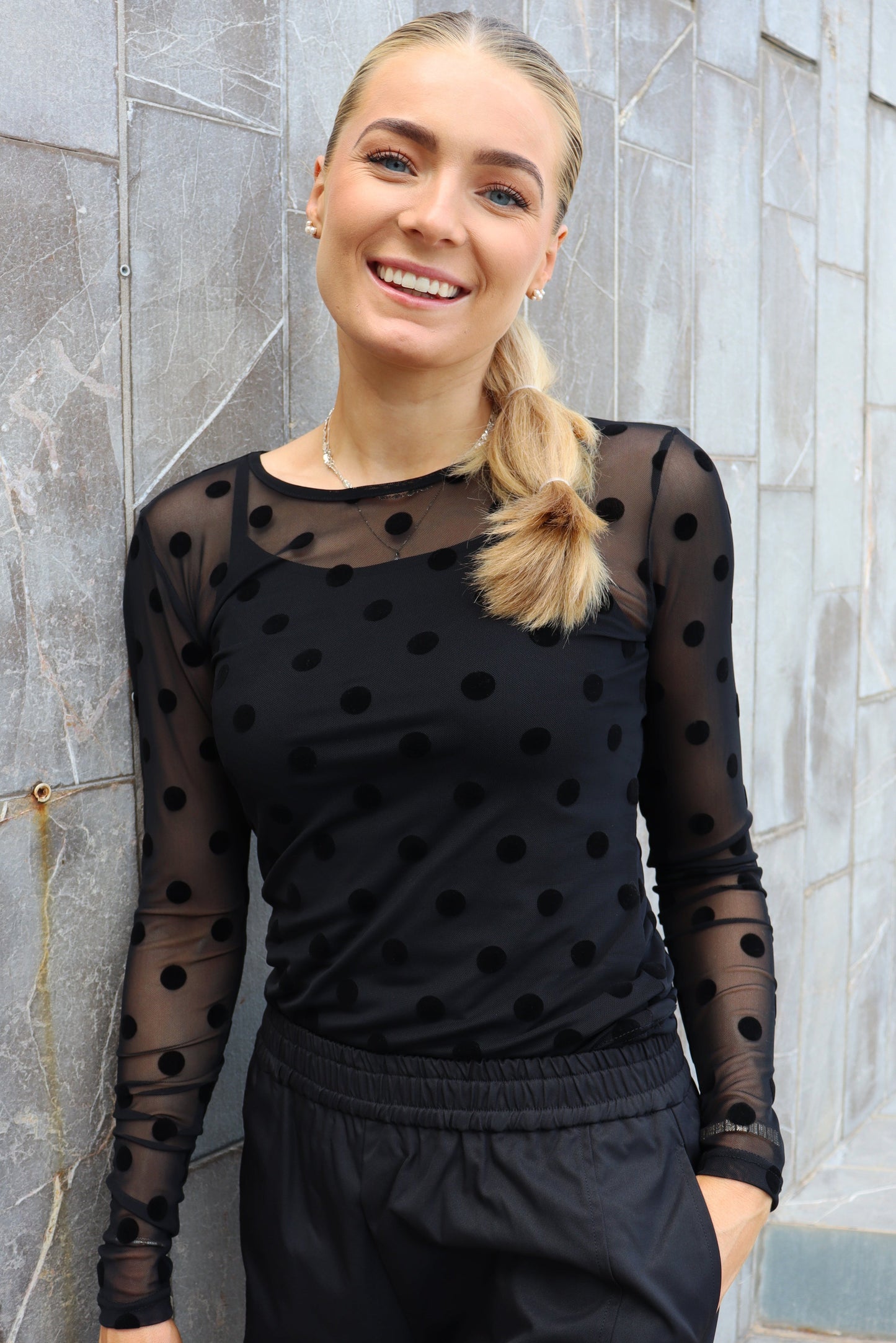 Mesh Long Sleeve Top | Black with Large Flock Dots | Blouse by Liberté