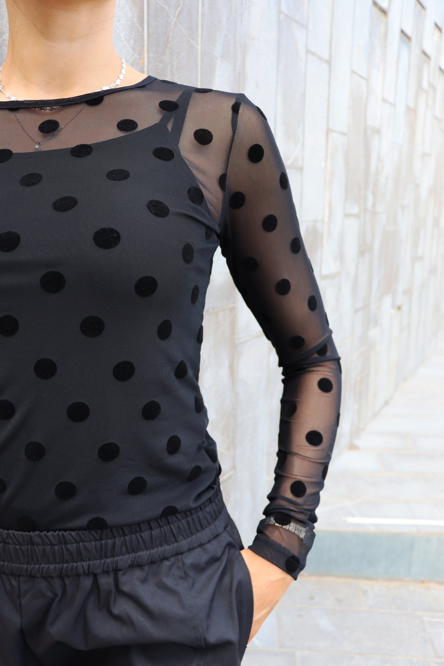 Mesh Long Sleeve Top | Black with Large Flock Dots | Blouse by Liberté