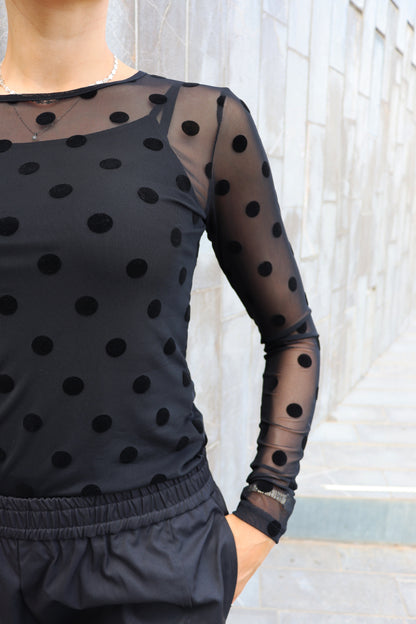 Mesh Long Sleeve Top | Black with Large Flock Dots | Blouse by Liberté