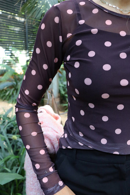 Liberté Plum Rose Big Dot Mesh Long Sleeve Top