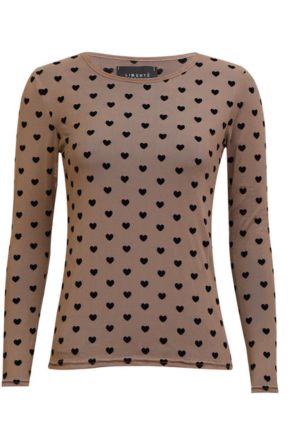 Mesh Long Sleeve T-Shirt | Sand Black Flocked Heart | Liberté Blouse