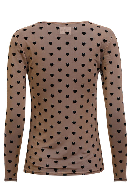 Mesh Long Sleeve T-Shirt | Sand Black Flocked Heart | Liberté Blouse