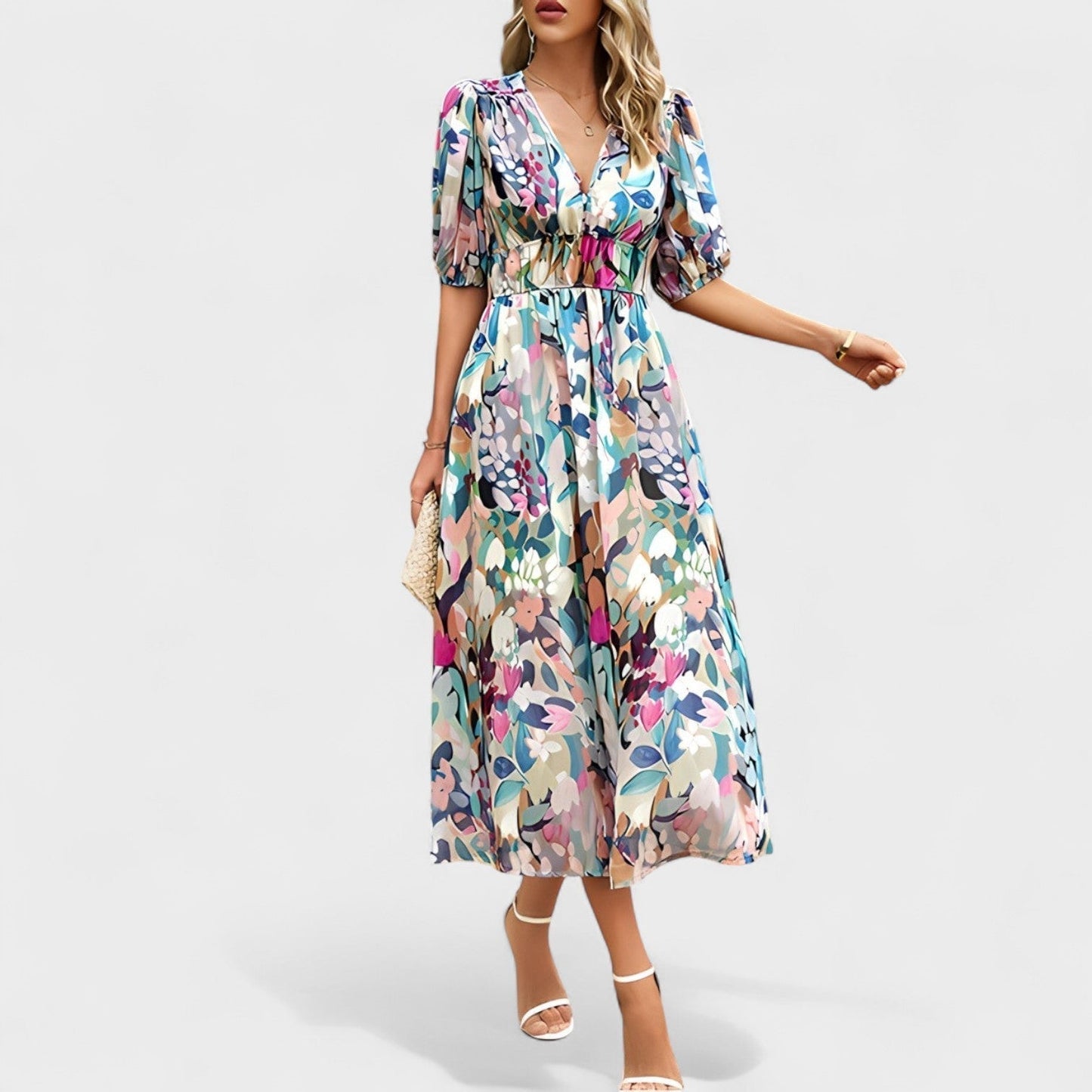 Clara - Stylowa Midi Sukienka w Kwiatowy Motyw