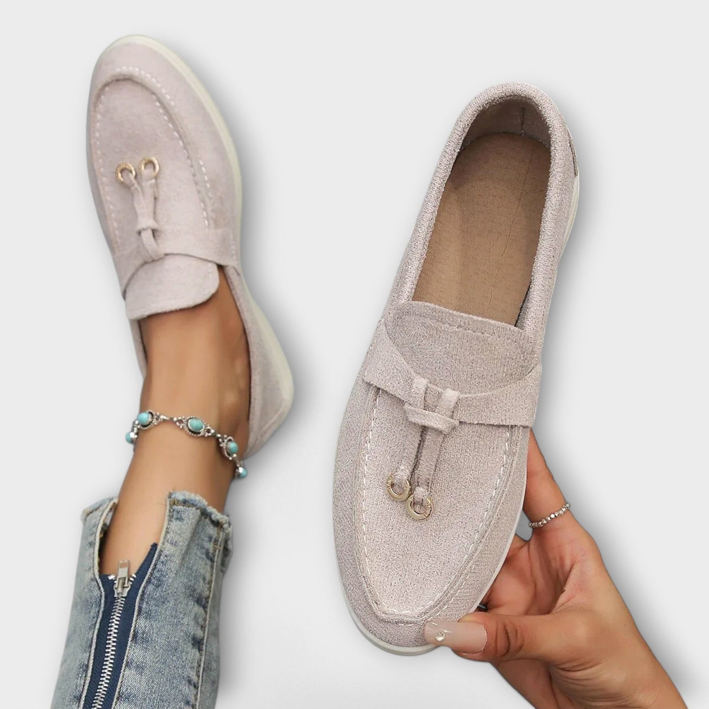Beige dámské mokasíny s ozdobnou šňůrkou