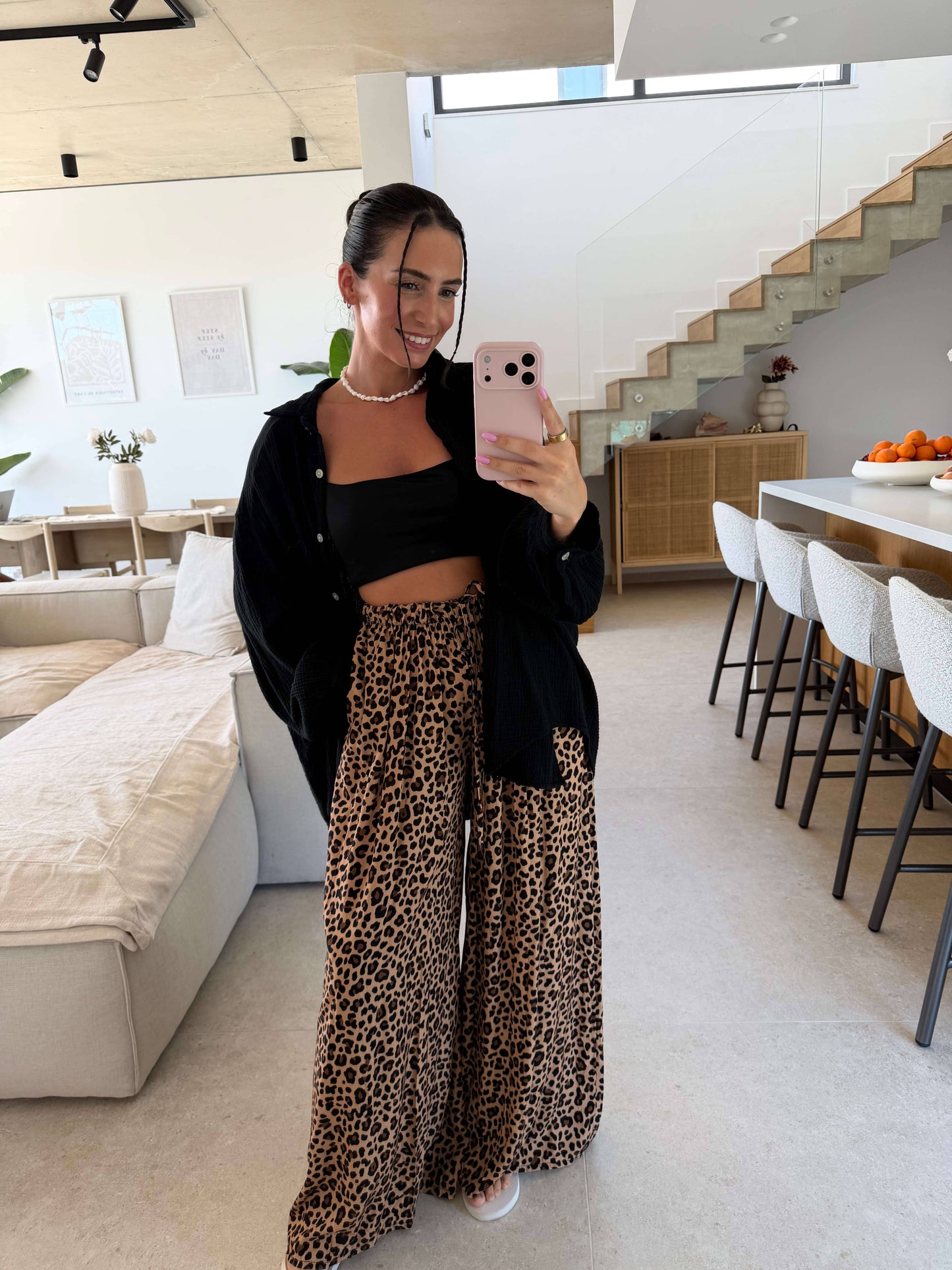 Leopard Print Dropped Crotch Pants – Brown/Beige