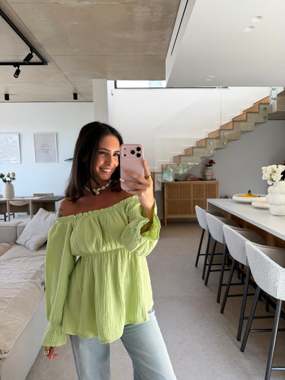 Off-Shoulder Musselin Blůza – Mentolová