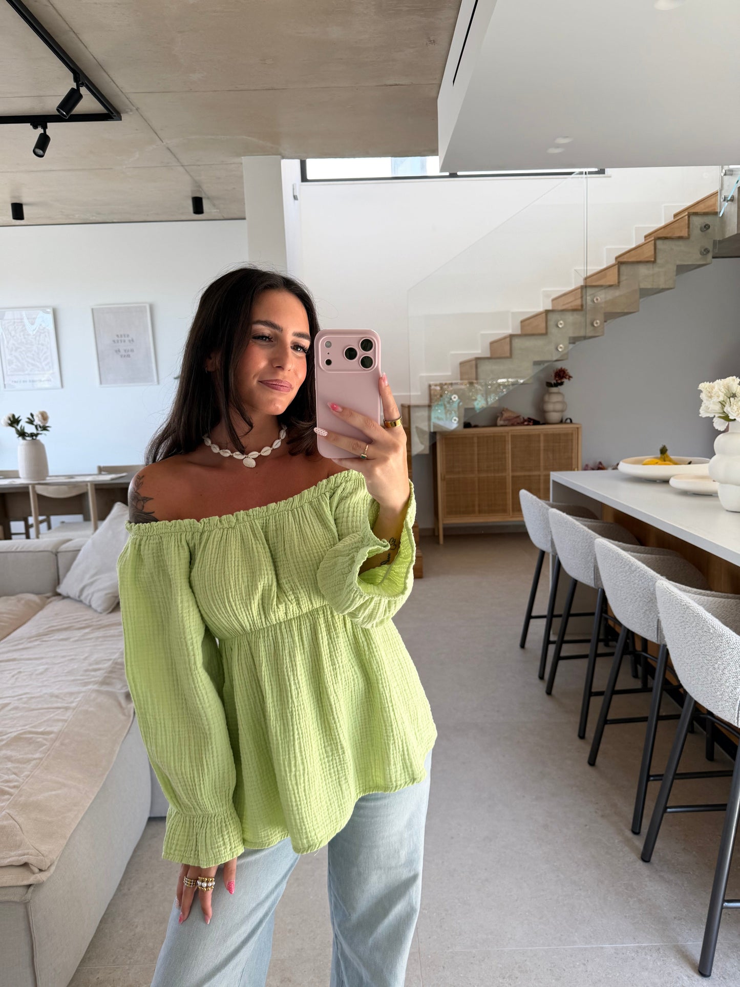 Off-Shoulder Musselin Blůza – Mentolová