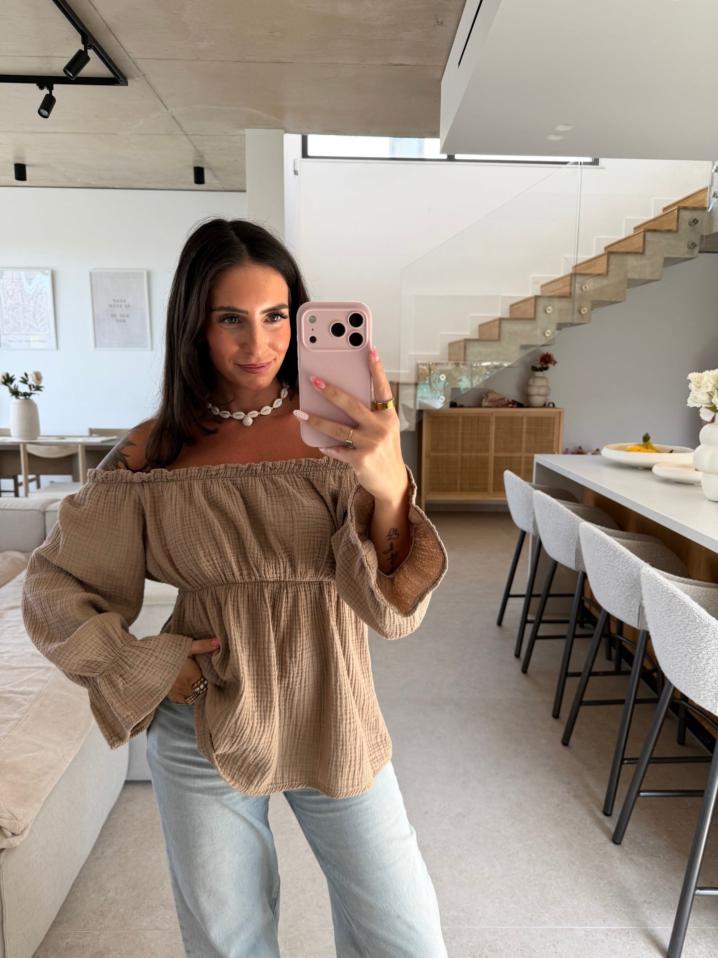 Taupe Off-Shoulder Muslin Blouse
