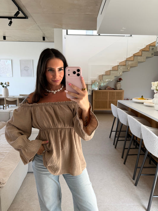 Taupe Off-Shoulder Muslin Blouse
