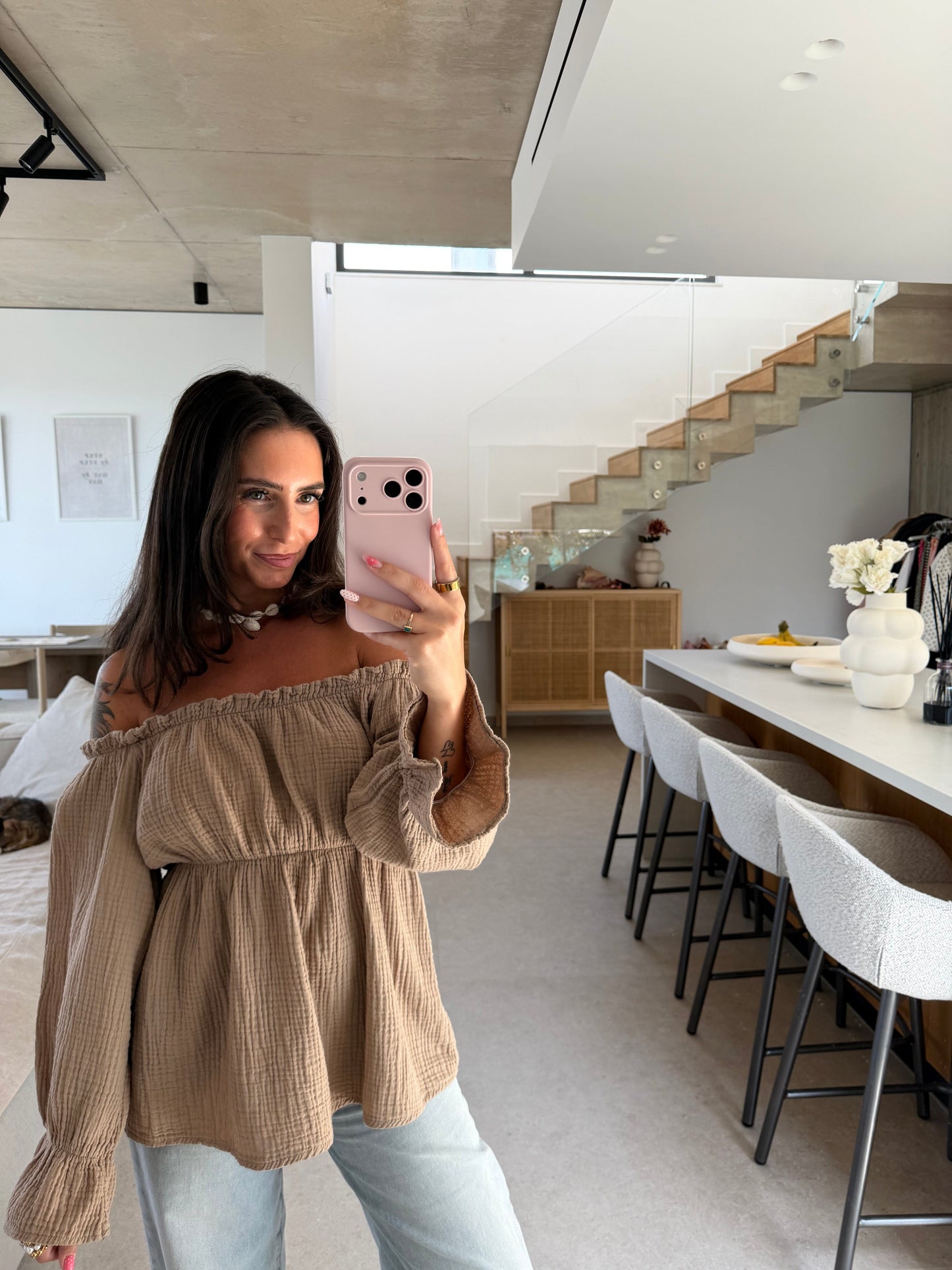 Taupe Off-Shoulder Muslin Blouse